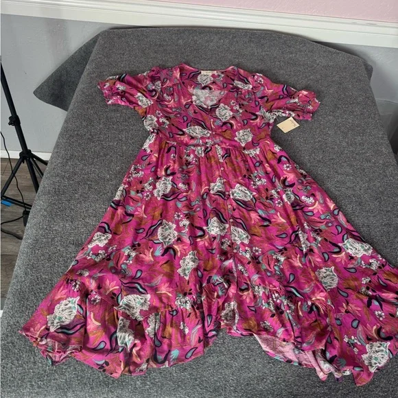 Nurture‎ Westbound Floral Midi Dress Boho Chic Pink Tiered V Neck Size XL rayon - Picture 7 of 14